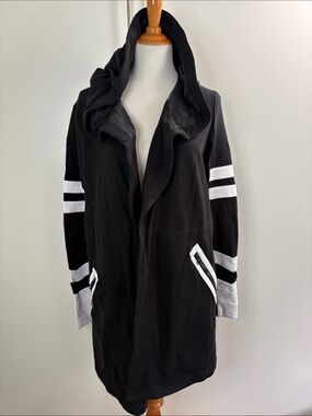 blanc noir Black Hooded Varsity Jacket with White Stripes M